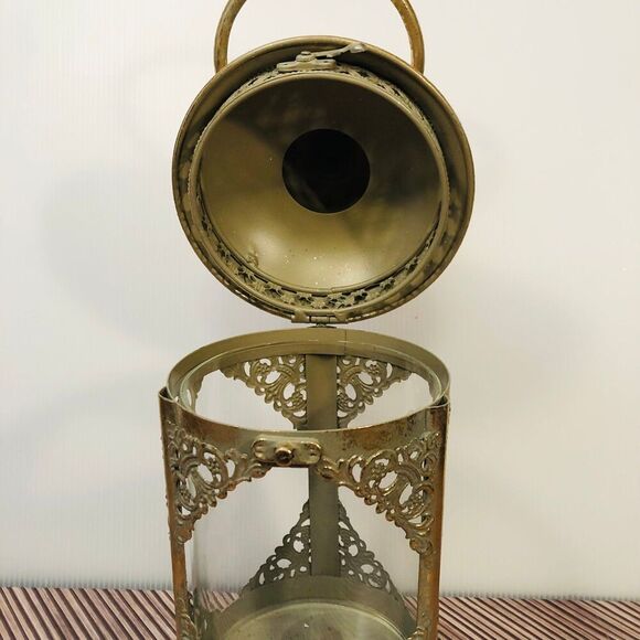 Decorative Lantern Round Gold Tone Metal Glass 15" w/ Handle Christmas Decor - Picture 4 of 8